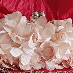 Cream Floral Clutch Faux Feathery Petals Removable Chain